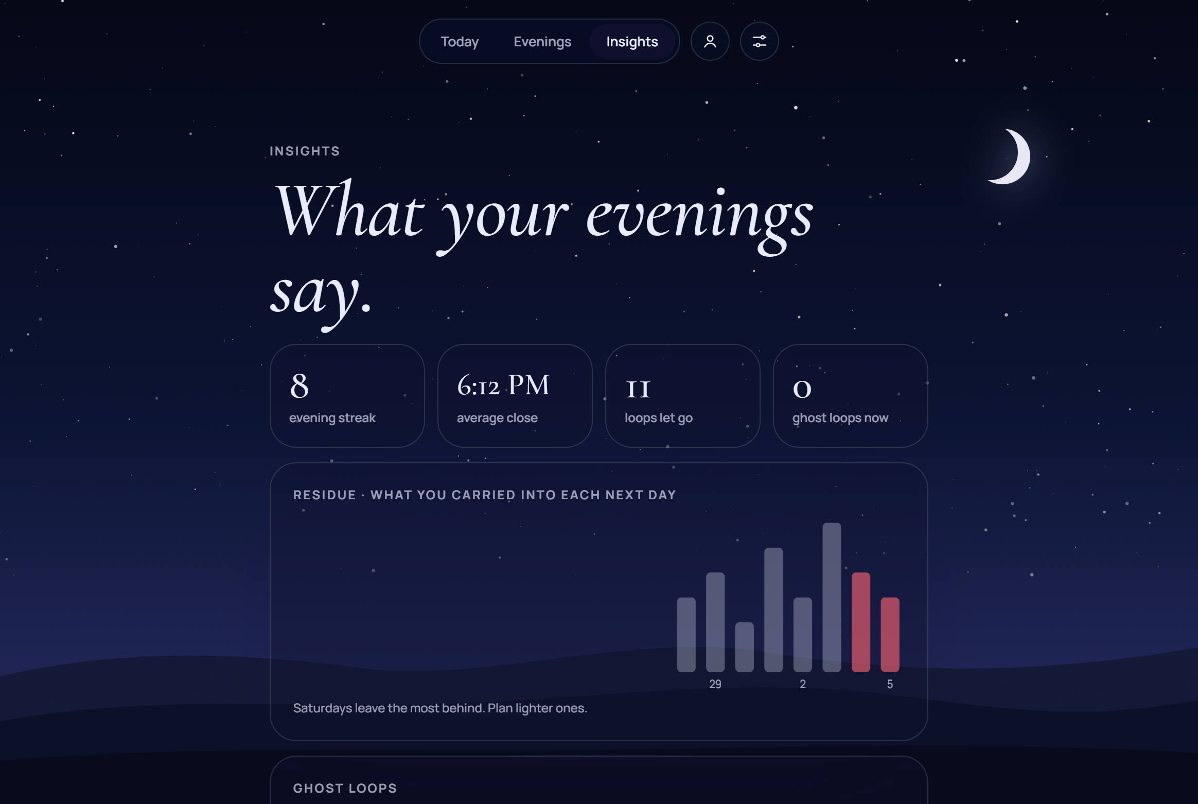 Sundown insights: evening streak, average close time, loops let go and ghost loops