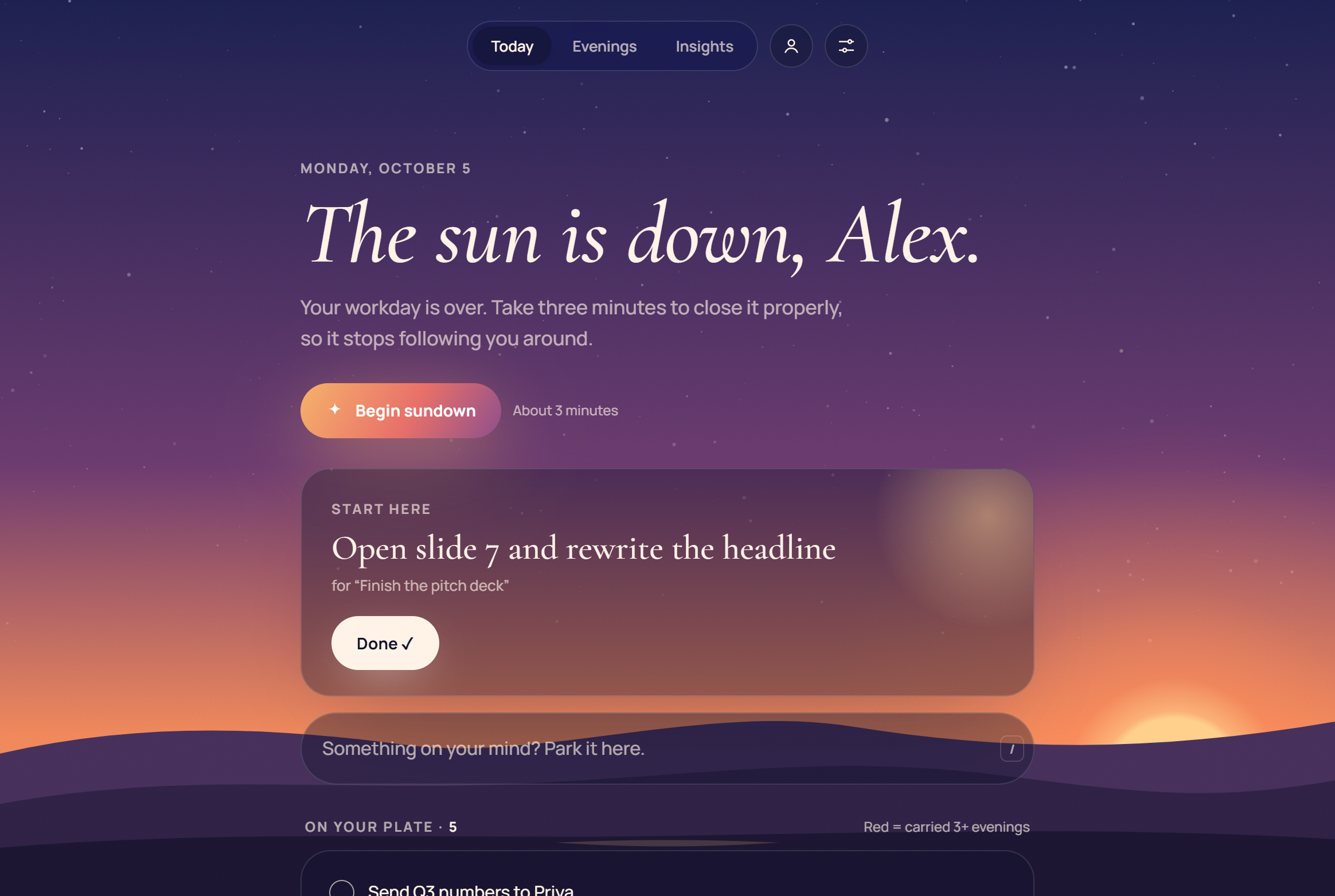 Sundown at dusk: Begin sundown, quick capture, and tomorrow's first move over a sunset sky